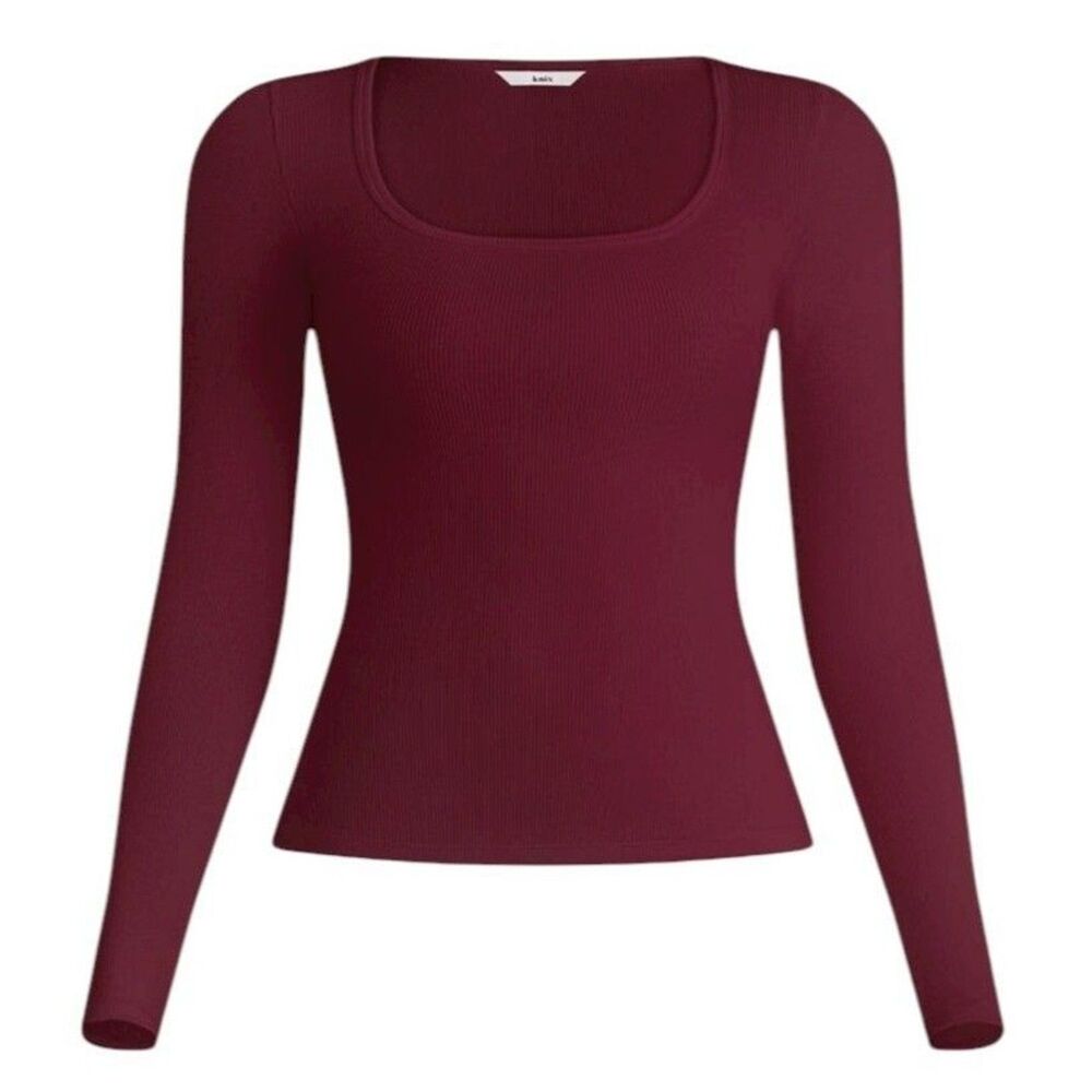 Knix ScultRib Square Neck Pima Top Blouse T Shirt Red Dark Cherry XS